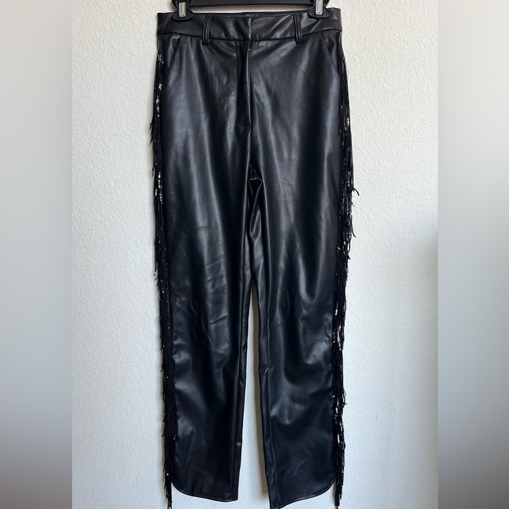 Faux leather fringe pants